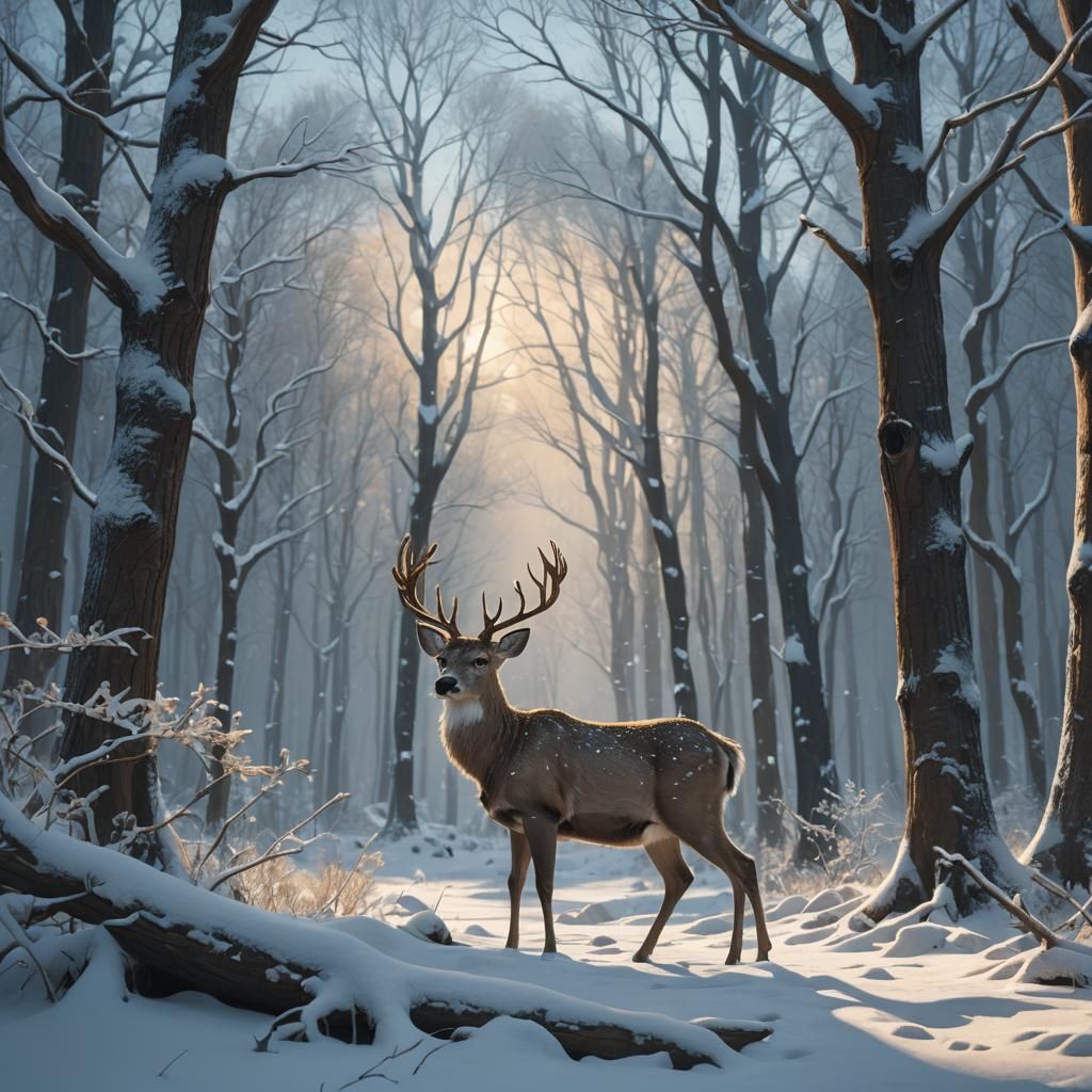 Ethereal Snow Deer in Winter Forest