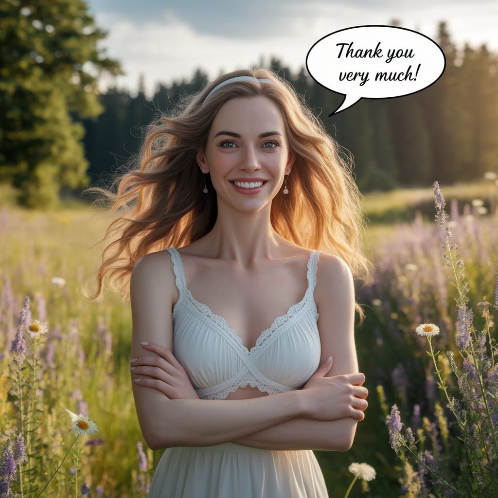 Confident Woman in Sunlit Meadow with Speech Bubble