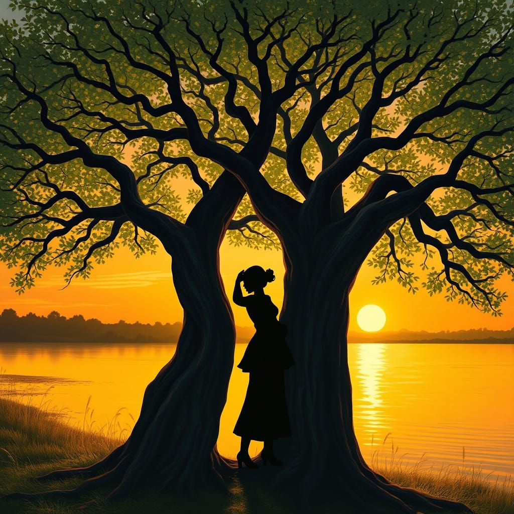 Whimsical Trees Silhouette into Lovers by Sunset