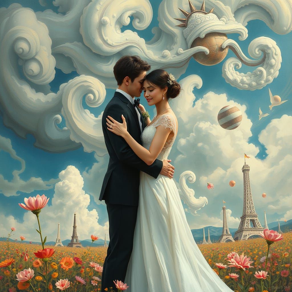 Surreal Couple Embrace in Dreamlike Landscape