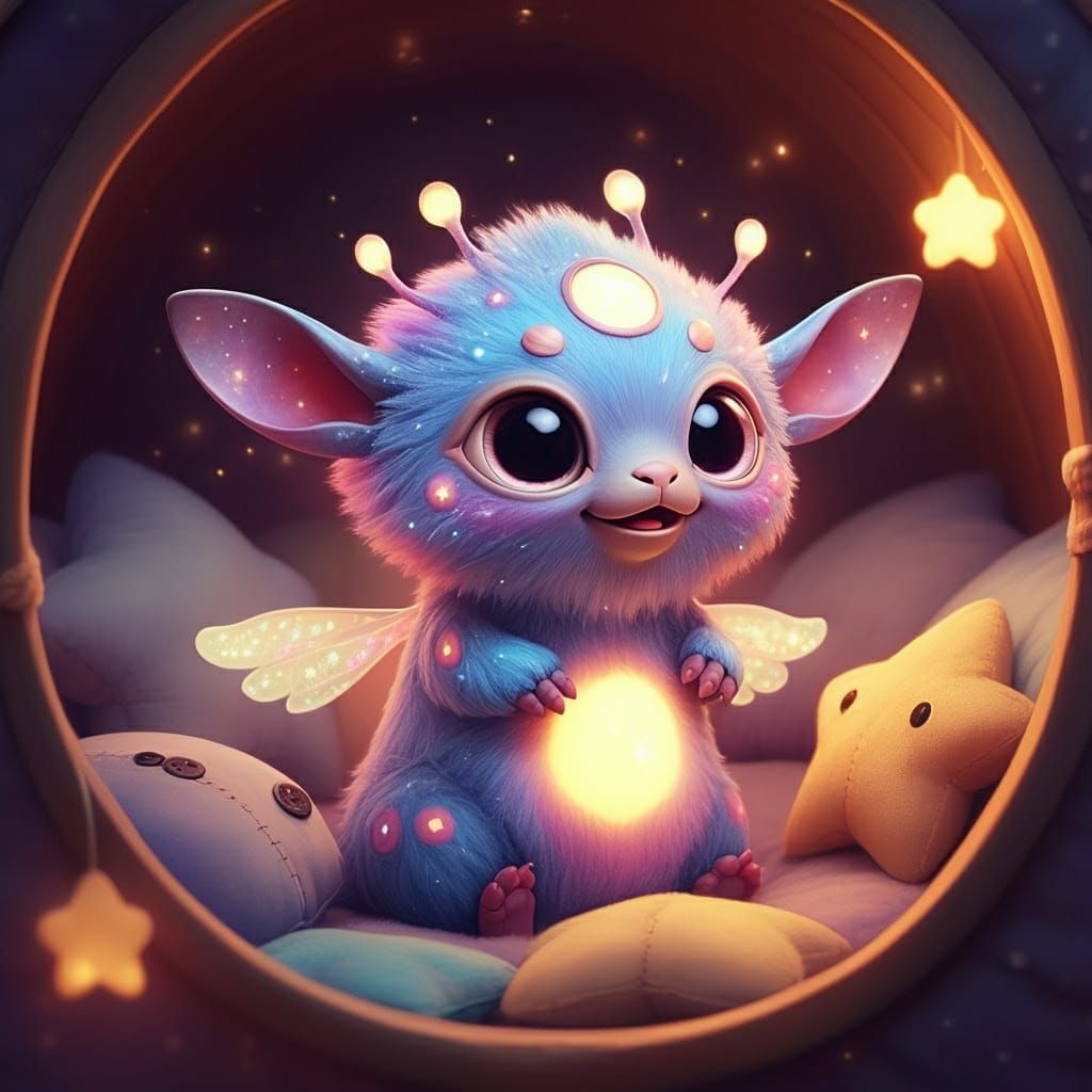 Cute Alien Pet with Sparkling Eyes in Ghibli-Pixar Style