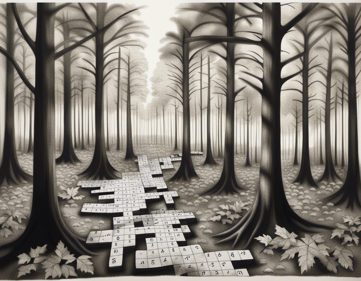 Crossword Forest: A Charcoal Puzzle Sketch