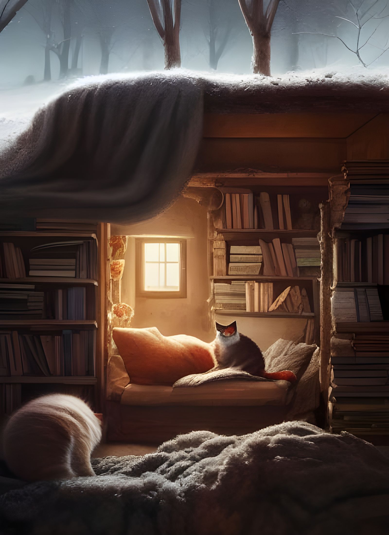Cozy Winter Burrow with Cat, Digital Art