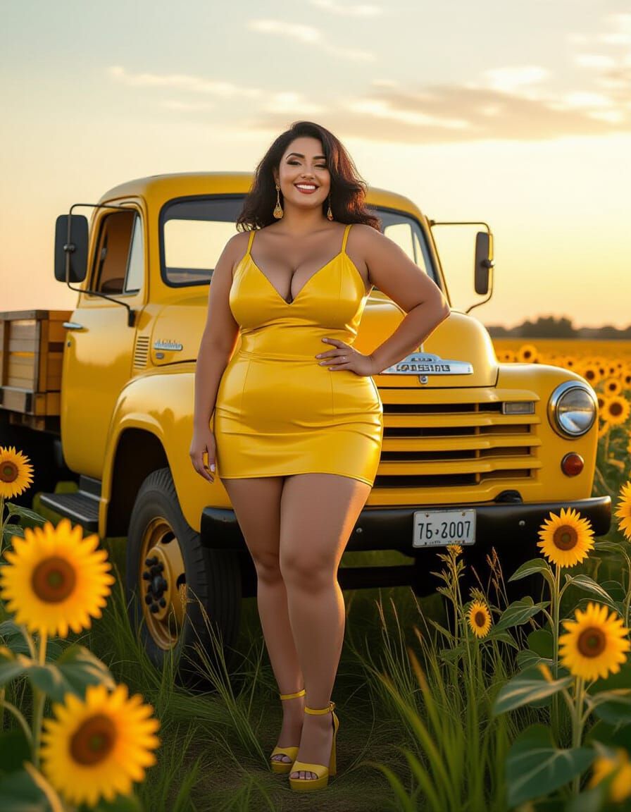 Egyptian Woman in Yellow Dress by Old Truck