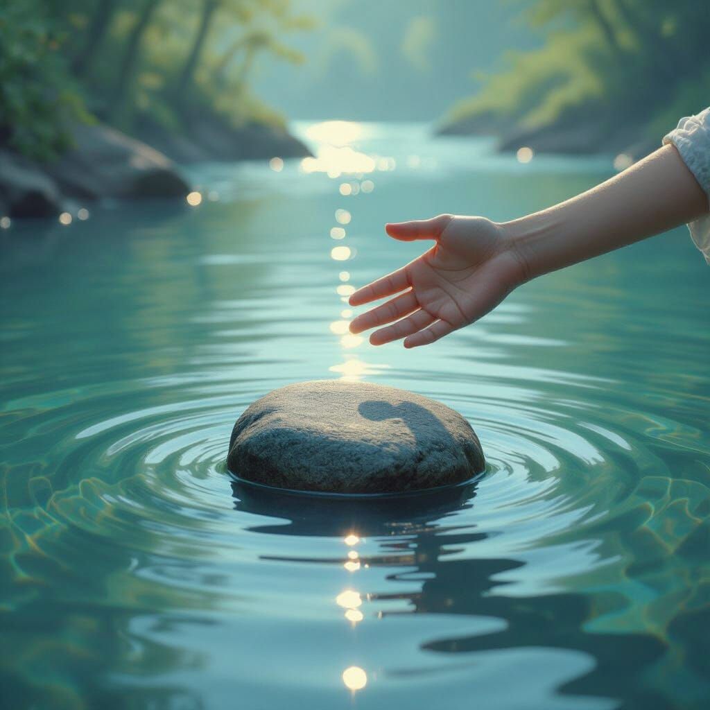 Stone in River with Hand Reaching for Aid