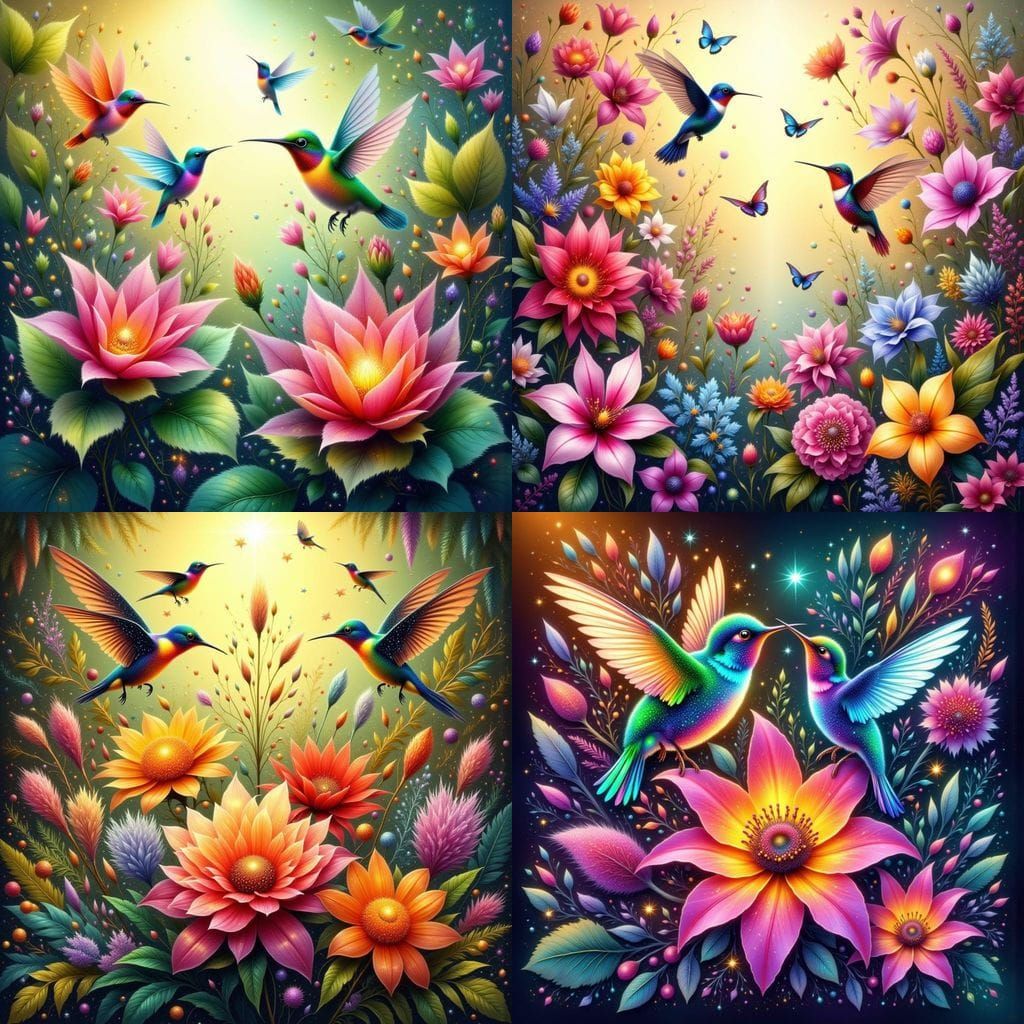 Exotic Watercolor Hummingbirds Among Bioluminescent Blooms