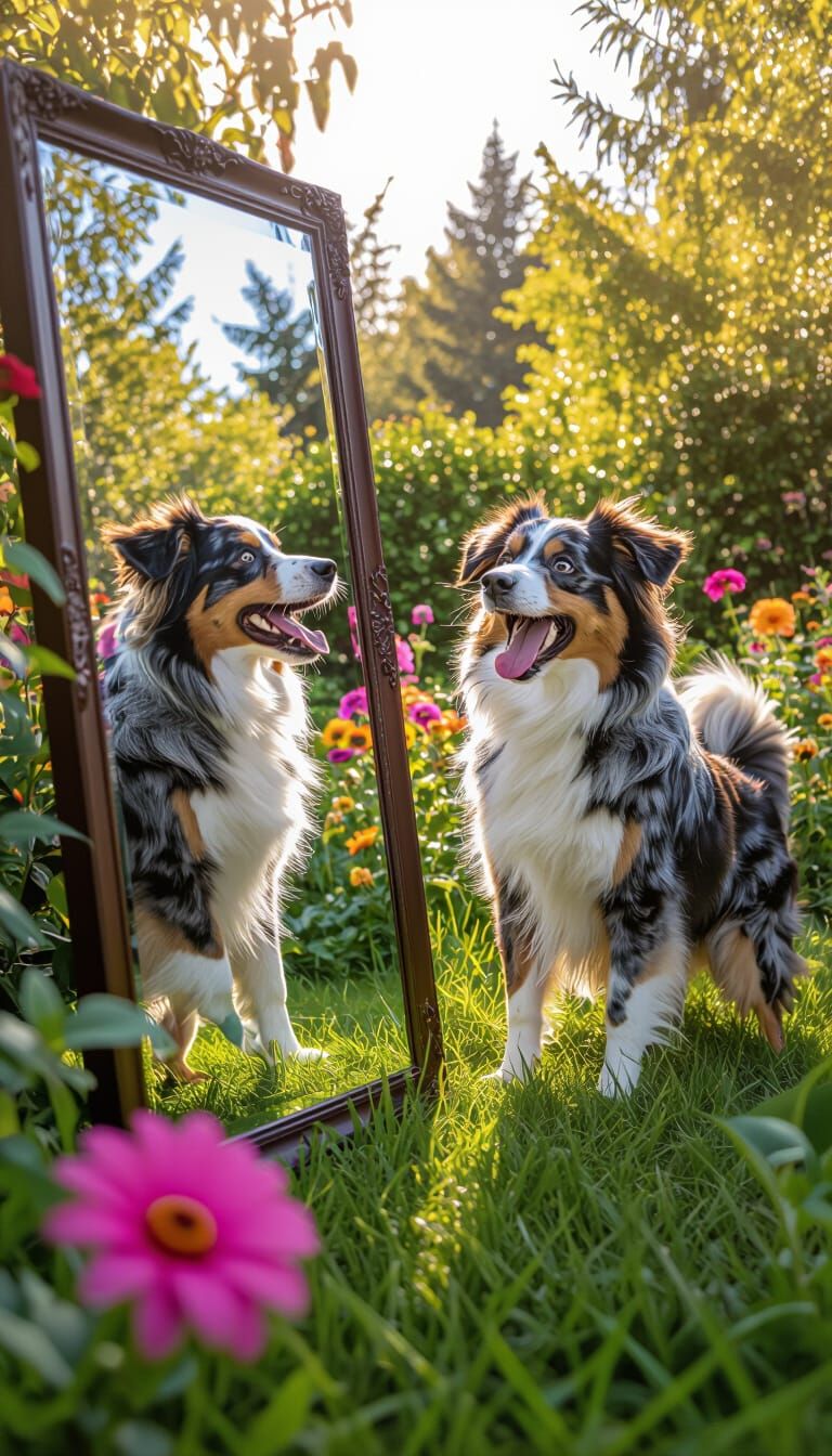 Dog's Comical Surprise Reflection in Garden