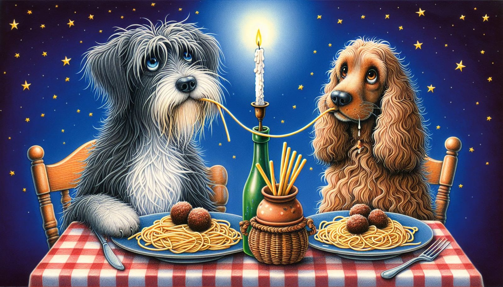 Romantic Dogs Share Spaghetti Under Starlit Sky