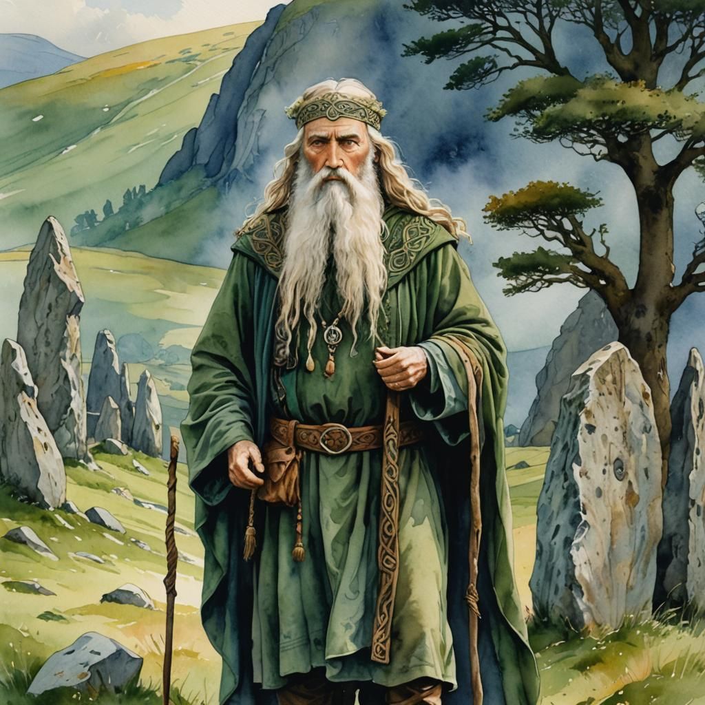 Watercolor of Celtic Druid with Menhirs