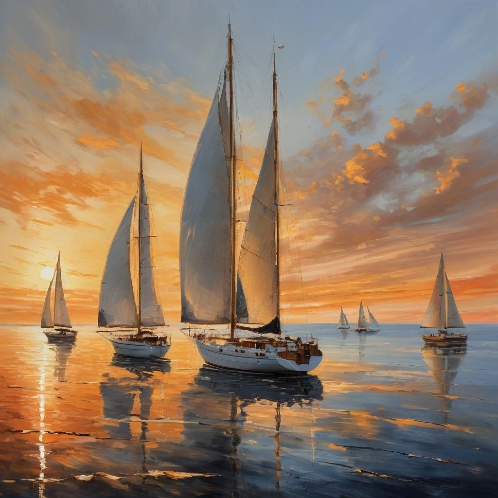 Sailboats at Sunset in Classic Maritime Oil Painting Style