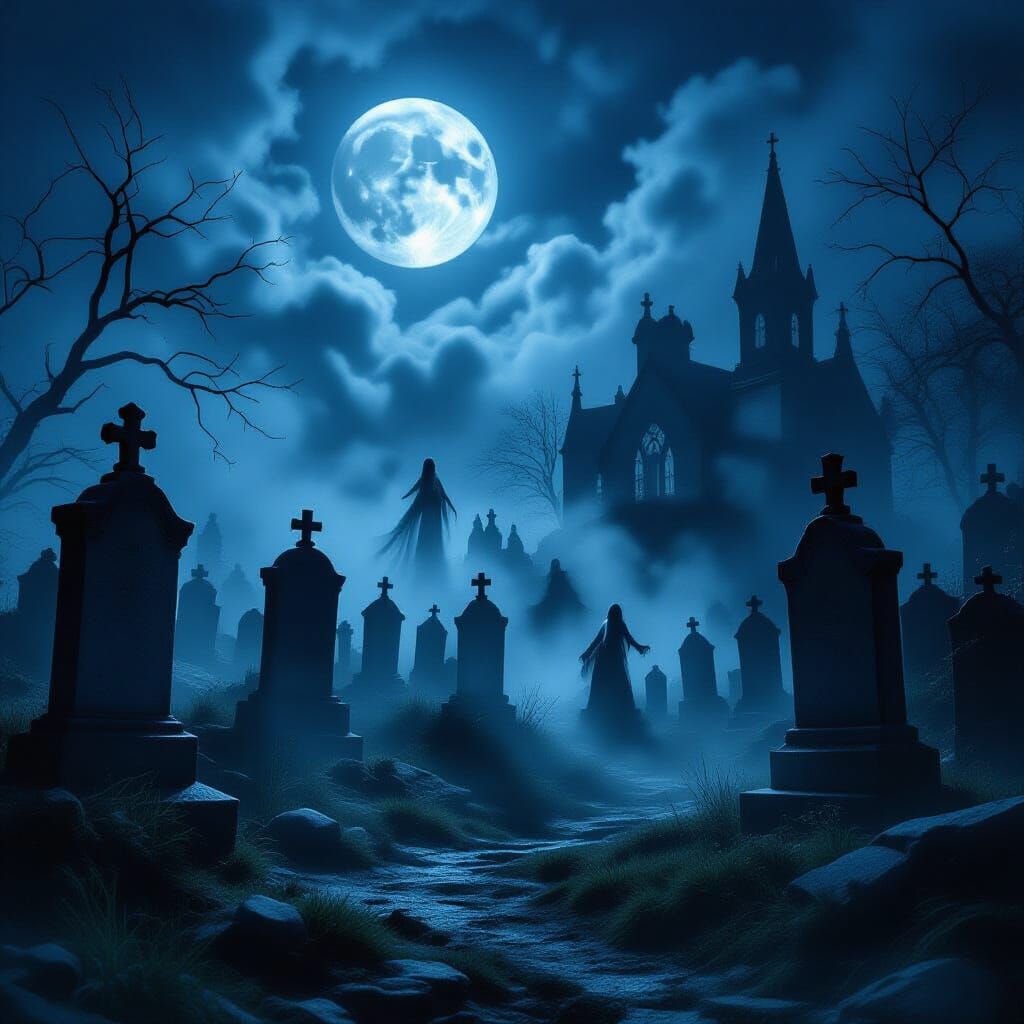 Moonlit Graveyard with Ghostly Shadows in Gothic Style