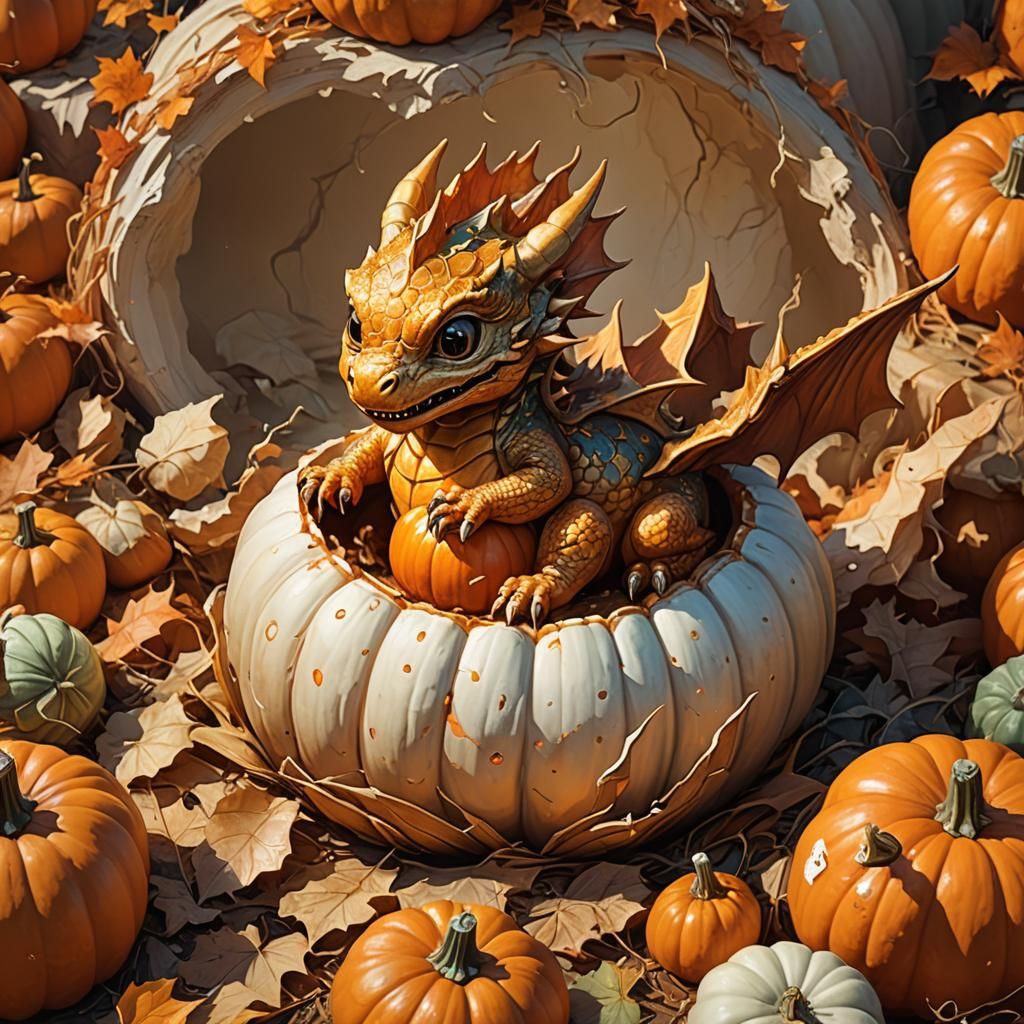 Baby Dragon in Pumpkin: Whimsical Concept Art
