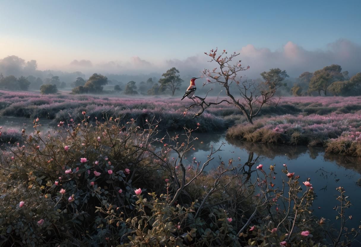 Hoopoe Bird in Misty Watercolor Landscape with Zentangle