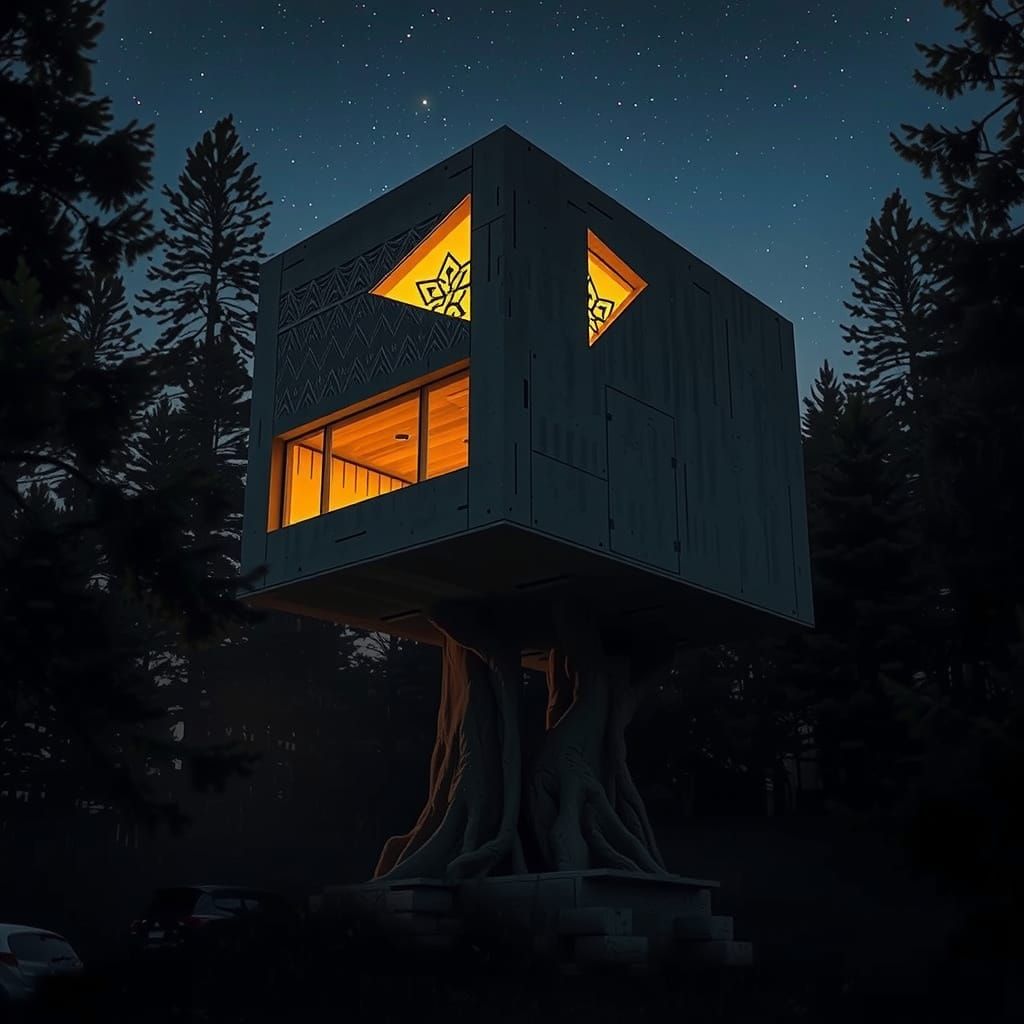 Concrete Brutalist Treehouse in a Shadowy Forest with Art De...