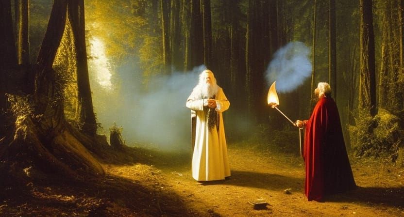 Medieval Wizard Conjuring Portal in Dark Woods