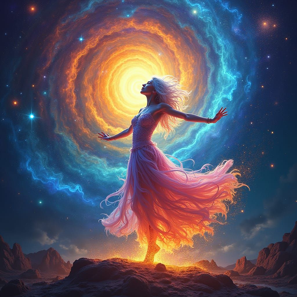 Ethereal Being's Cosmic Dance in Holographic Illustration