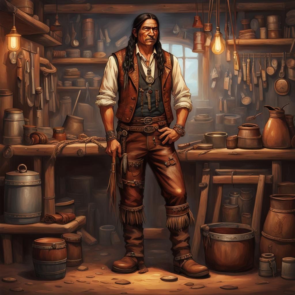 Native American Steampunk Engineer in Workshop