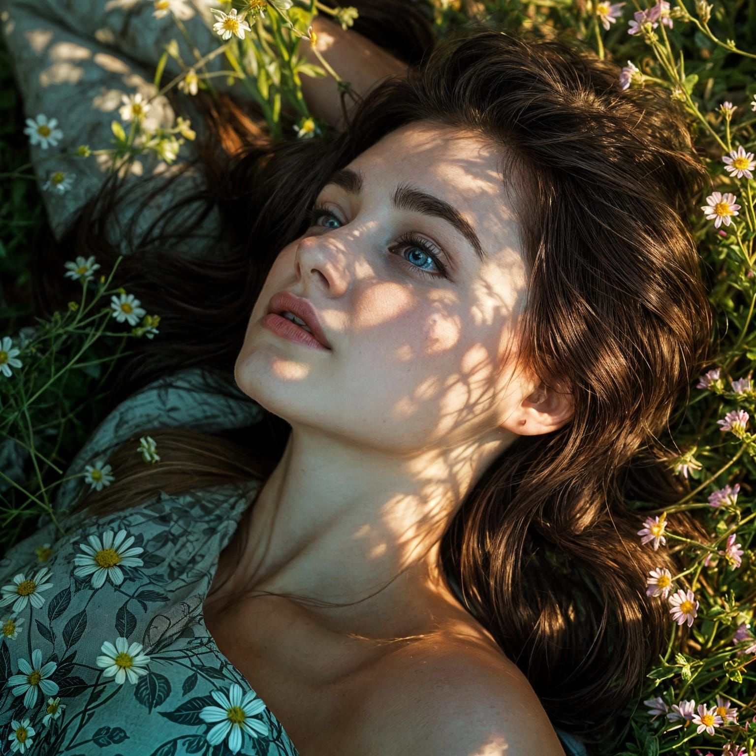 Photorealistic Woman in Wildflowers with Dappled Light
