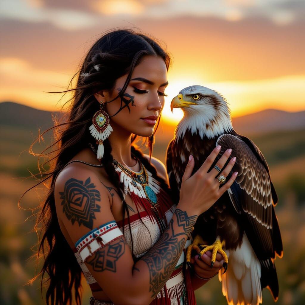 Native American Woman with Eagle at Sunset