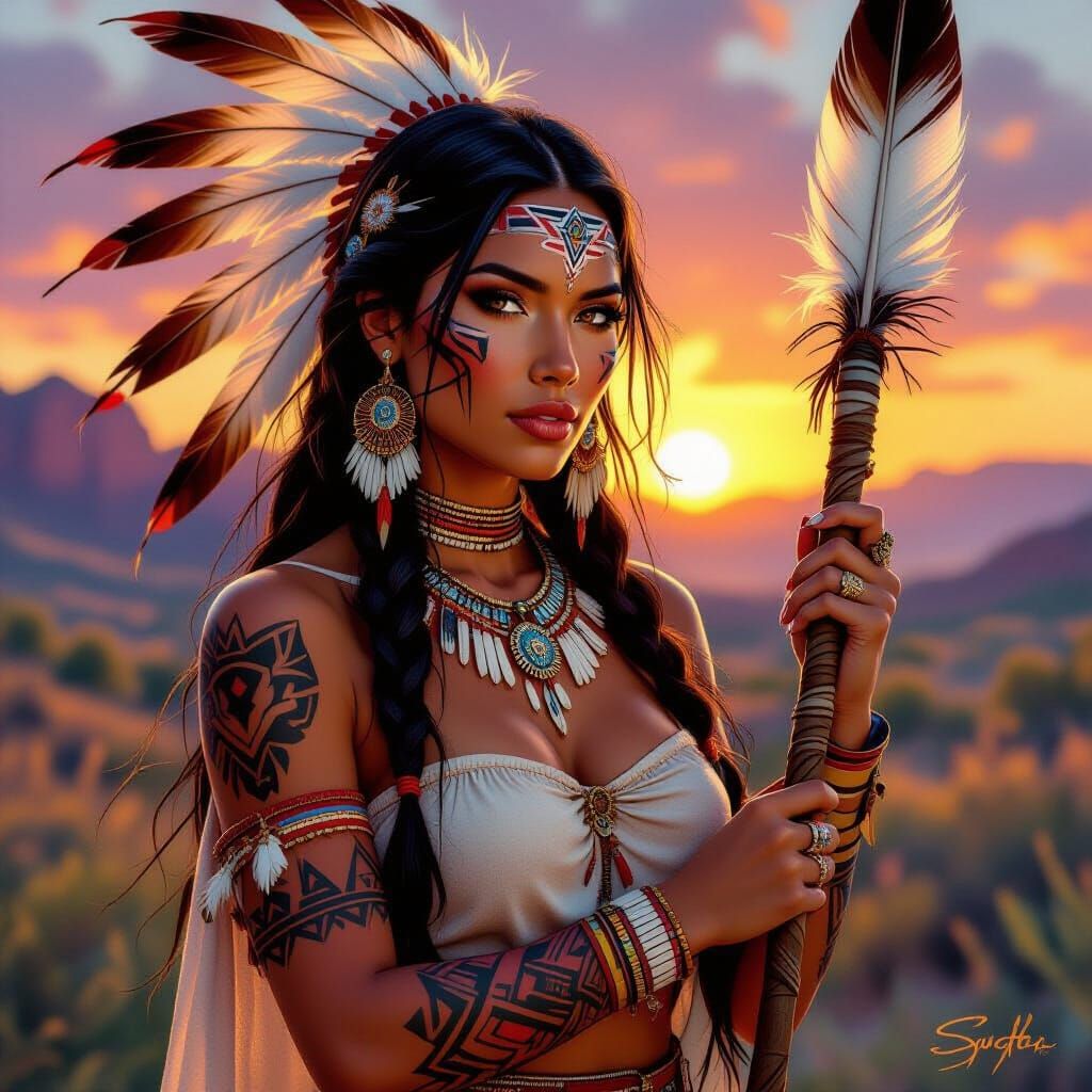 Native American Woman With Tribal Tattoos Holding Feathered ...