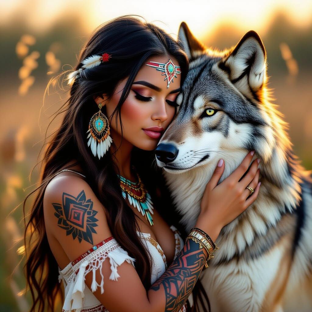 Native American Woman and Wolf, Hyperrealistic Digital Art