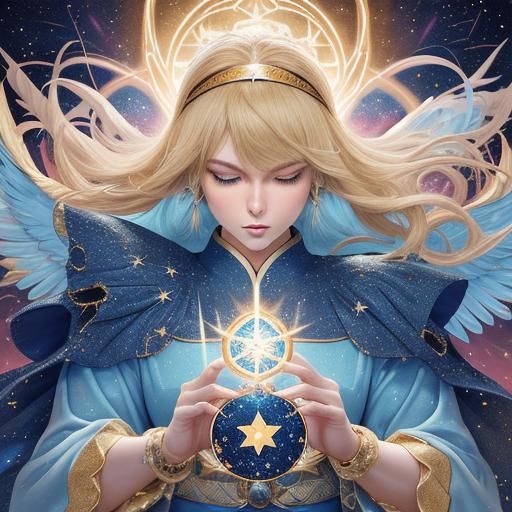 Anime Tarot Reader with Phoenix Headband in Blue Tones