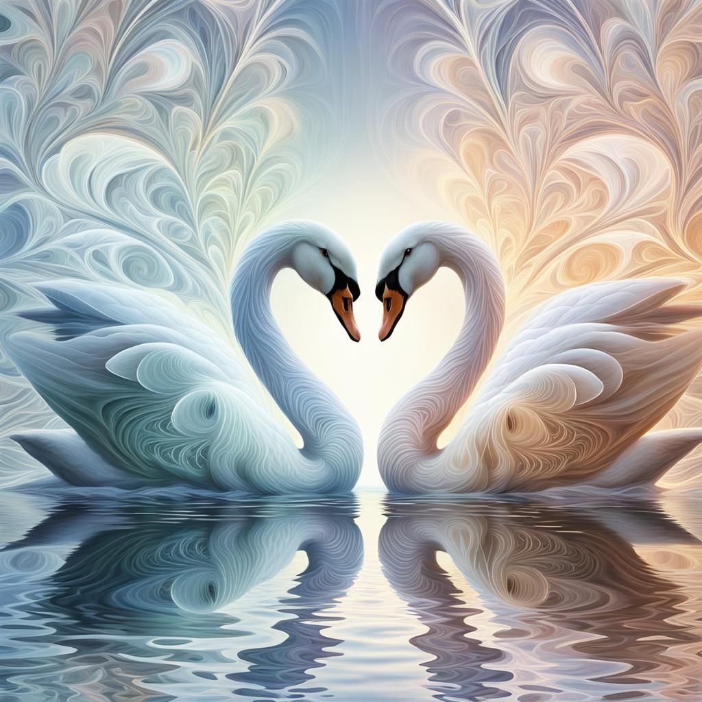 Fractal Kaleidoscope Swans Reflected in Serene Water