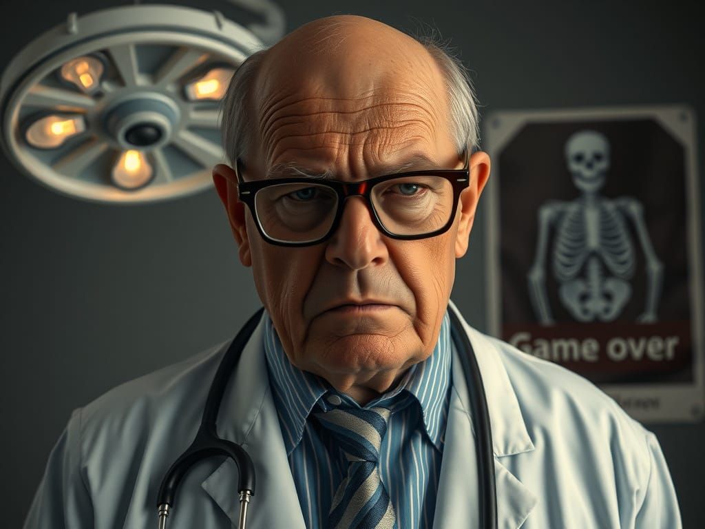 Aged Doctor Confronts the Camera with Anger and Exhaustion