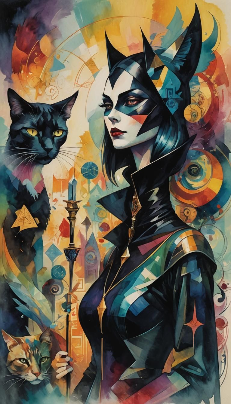Cubist Cat Girl Creates Tarot Card Art