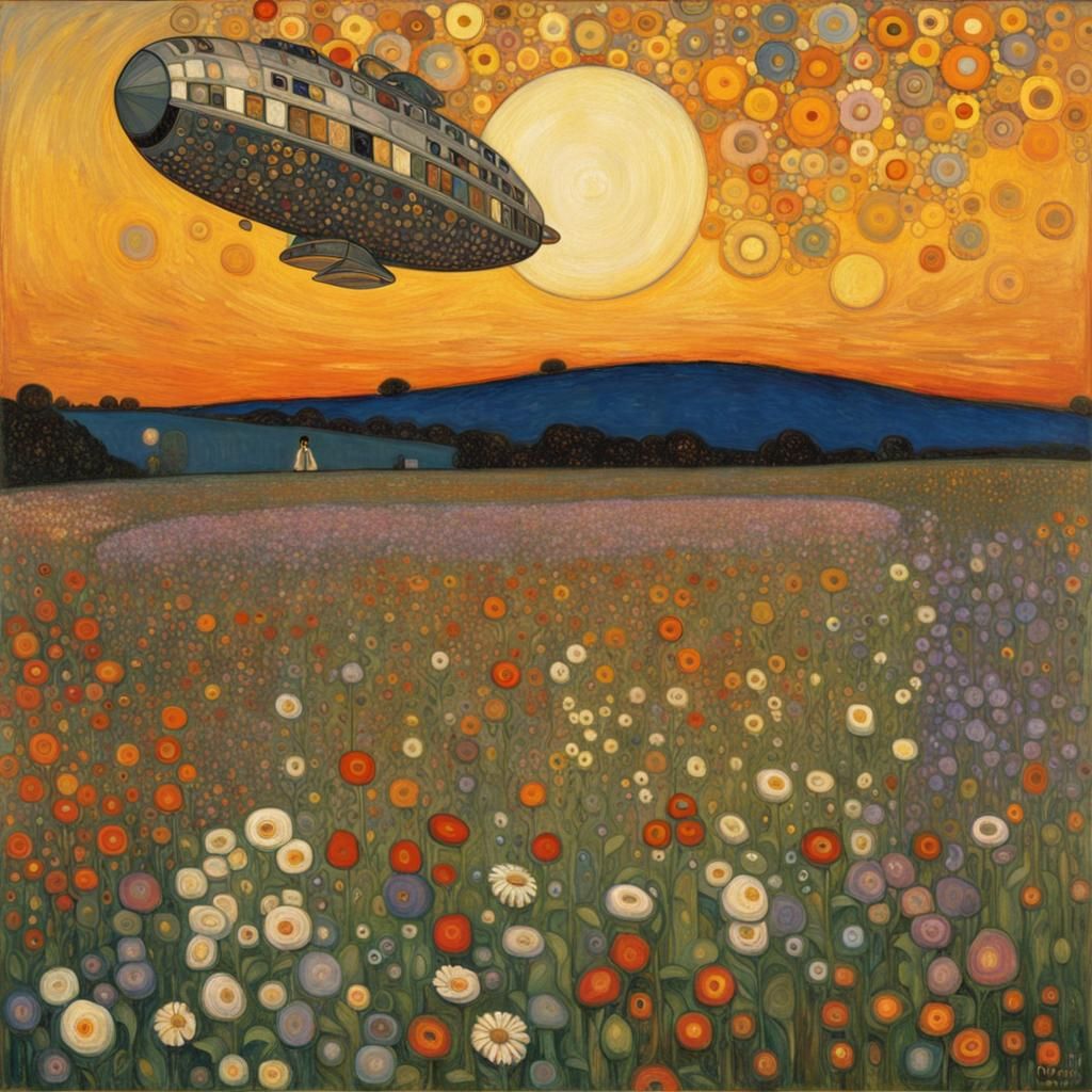 Spaceship in Flower Field: A Klimt-Inspired Sunset