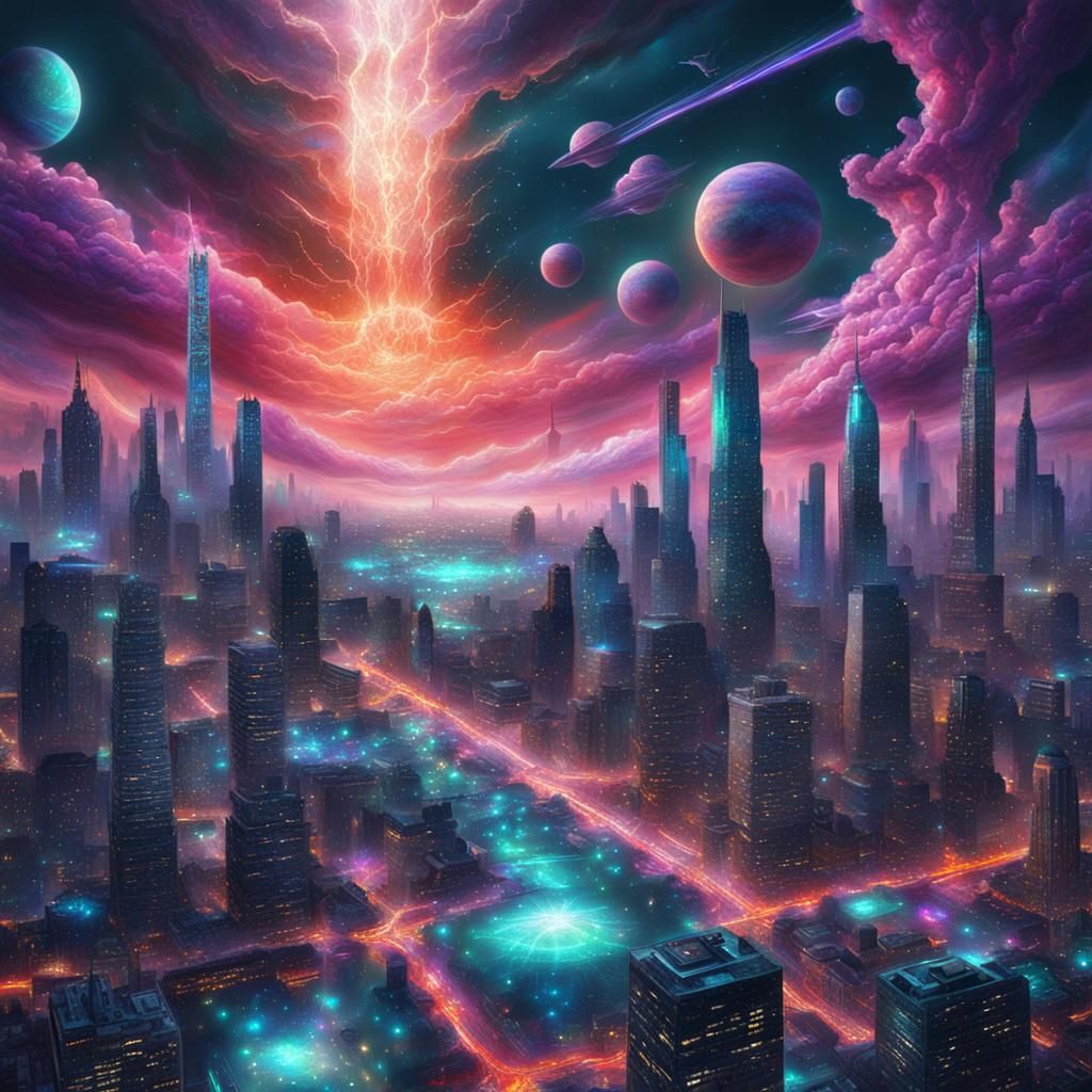Stormy Alien Cityscape in Holographic Illustration