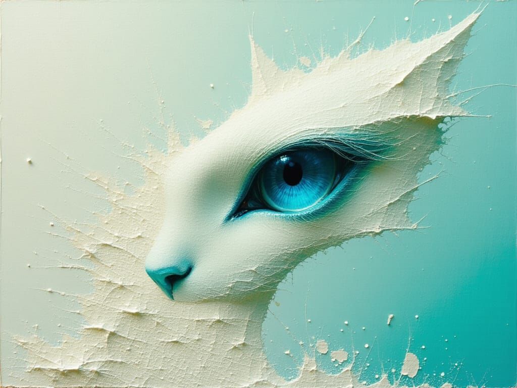 Surreal Cat Face Sculpture in Sand with Blue Eye