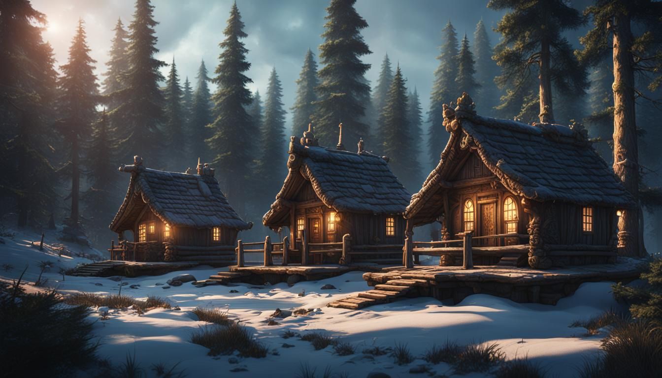 Six Cabins in Pine Forest: Detailed Matte Painting