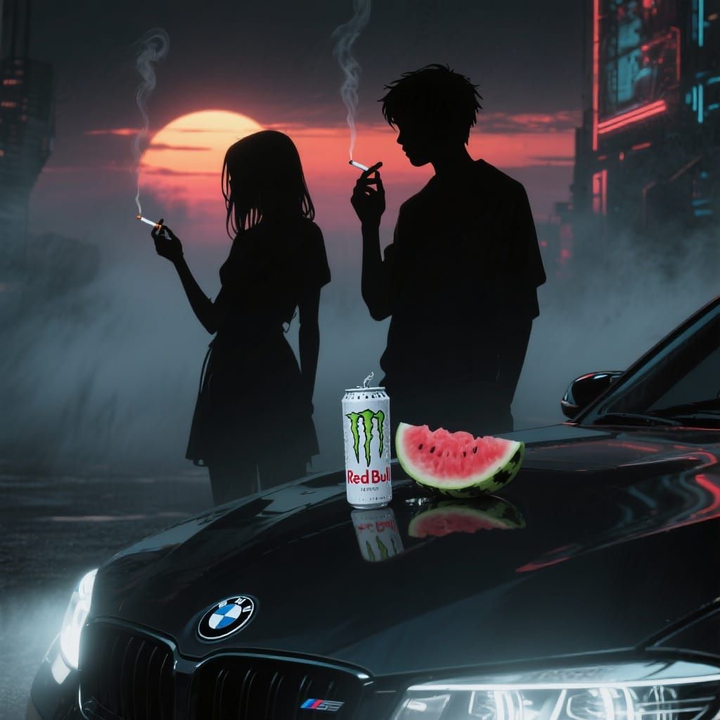 Neon Noir: Silhouettes at Sundown with Energy Drinks