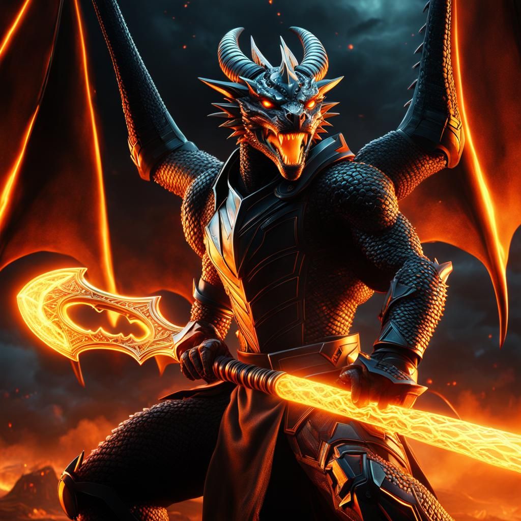 Futuristic Dragon-Man Wielding Axe in Victory