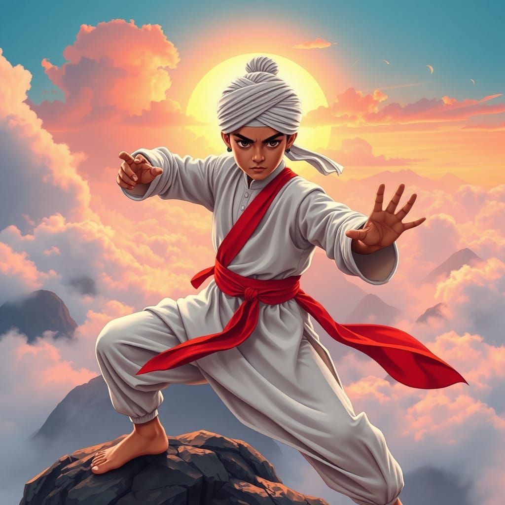 Sikh Boy in Serene Kung Fu Pose Amidst Floating Mountain Lan...