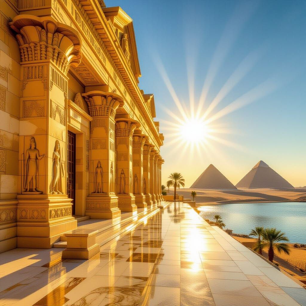 Golden Marble Palace by Nile River with Pyramids