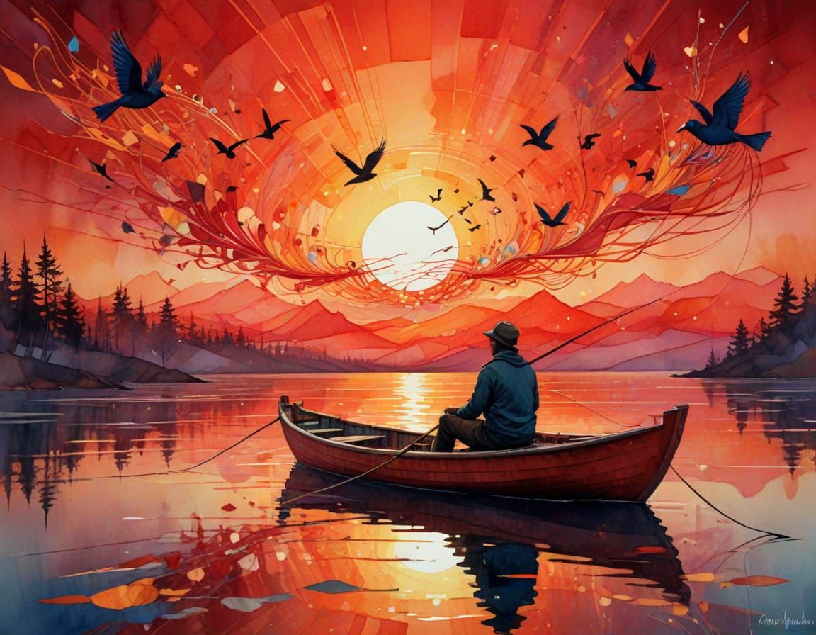 Fisherman Silhouette at Fiery Sunset with Geometric Shapes