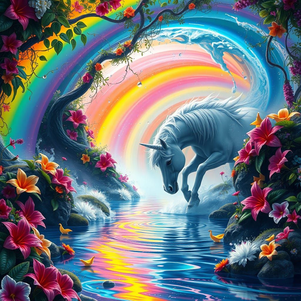 Dreamlike Rainbow River Ecosystem Teeming with Unicorn and B...