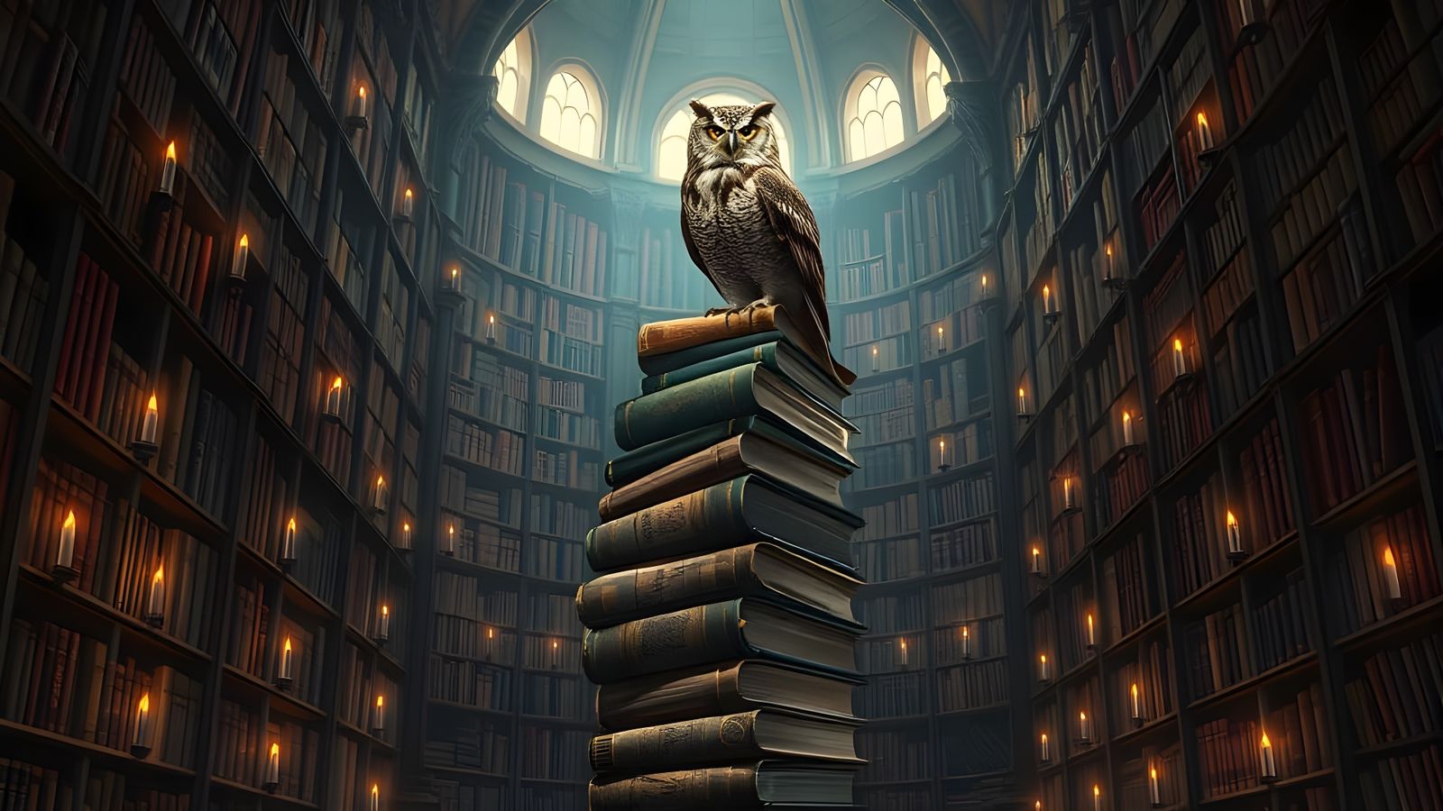 Wise Owl in Ancient Library, Fantasy Concept Art