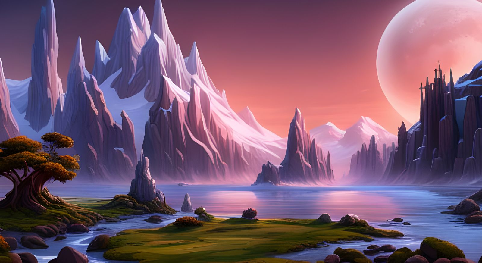 Alien Landscape with Blooming Flowers and Snowy Mountain