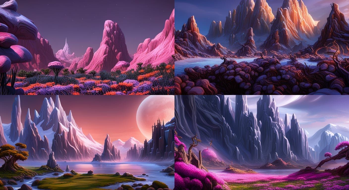 Alien Mountain and Flowers: Fantasy Concept Art