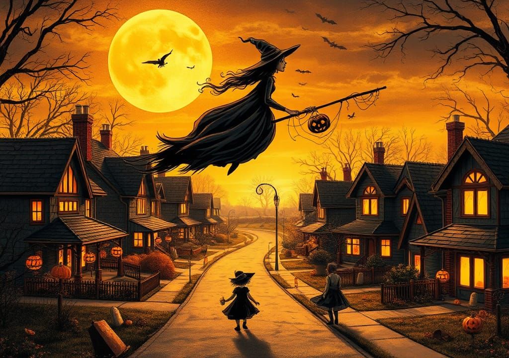 Halloween Night Witch Soaring Above Neighborhood as Ink Illu...