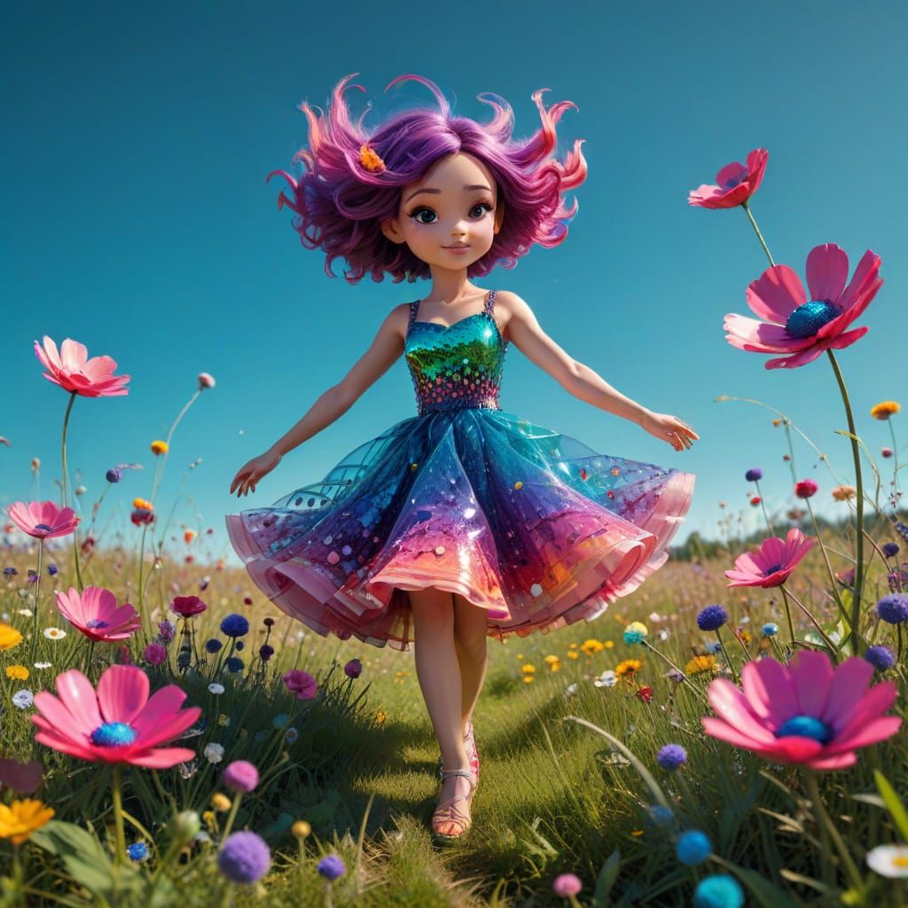 Chibi Lady Dancing in Sunlit Meadow