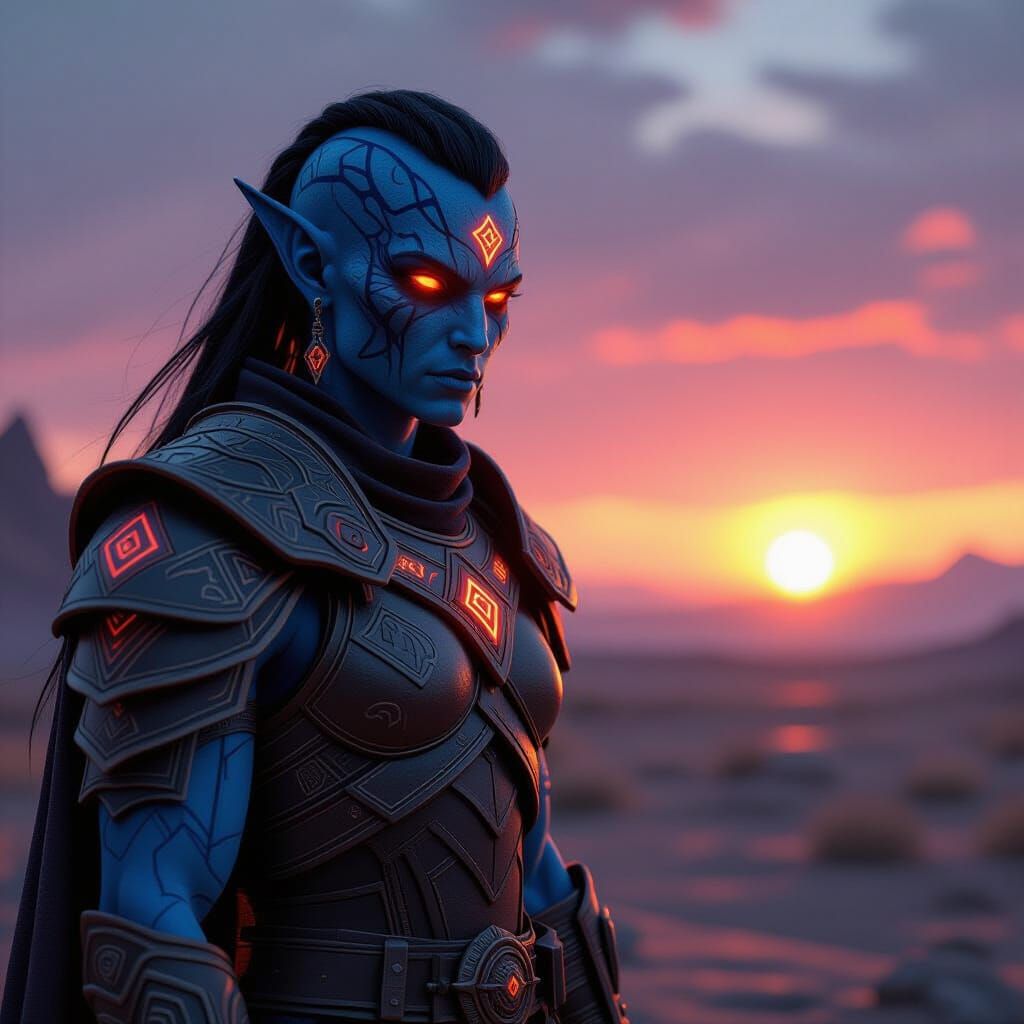 Alien Warrior Gazing at Crimson Sunset, Unreal Engine Art