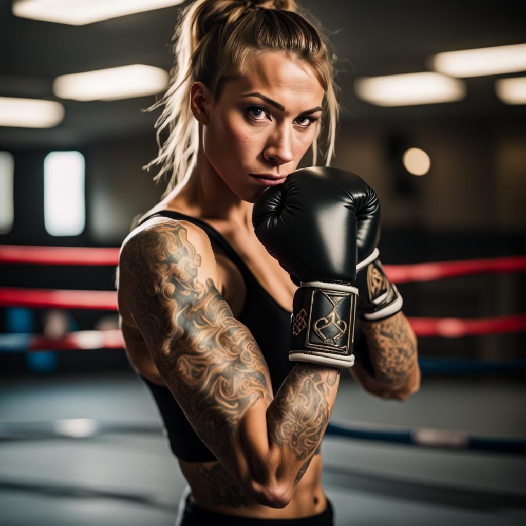 Tatted Woman Boxer in Professional Photography Style