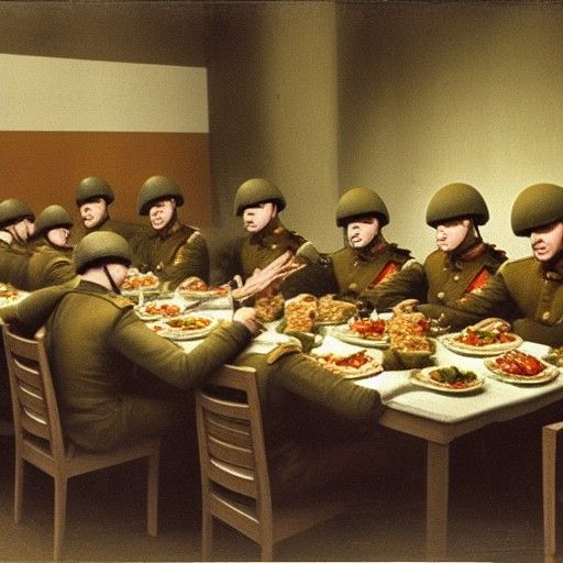 Russian Soldiers Sharing a Meal