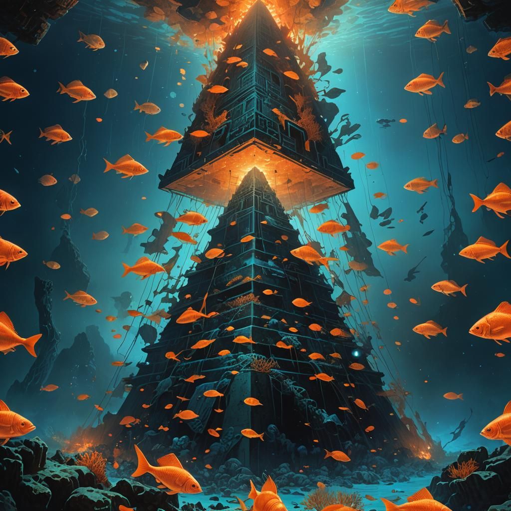 Beksinski-Inspired Underwater Pyramid with Bioluminescence