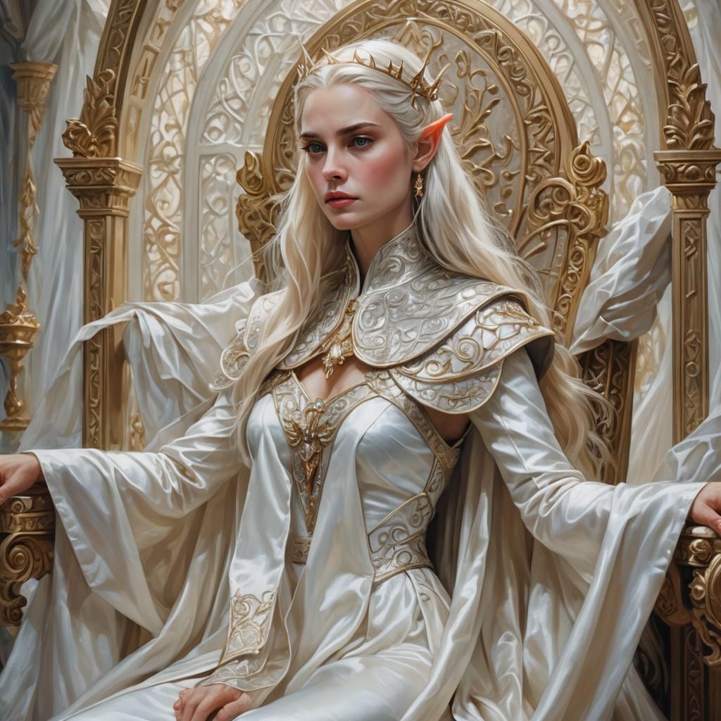 Elegant High Elf Queen Portrait in Oil Painting Style