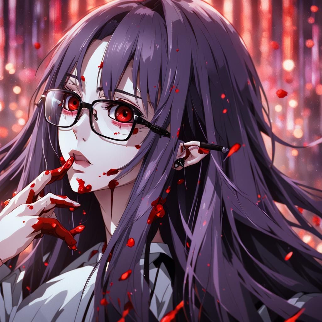 anime girl long lavender hair, red eyes, bloody hands and mouth, wearing rectangular glasses without top frames